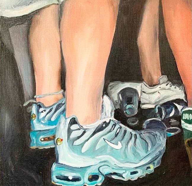 Oil painting of legs in blue sneakers beside empty bottles